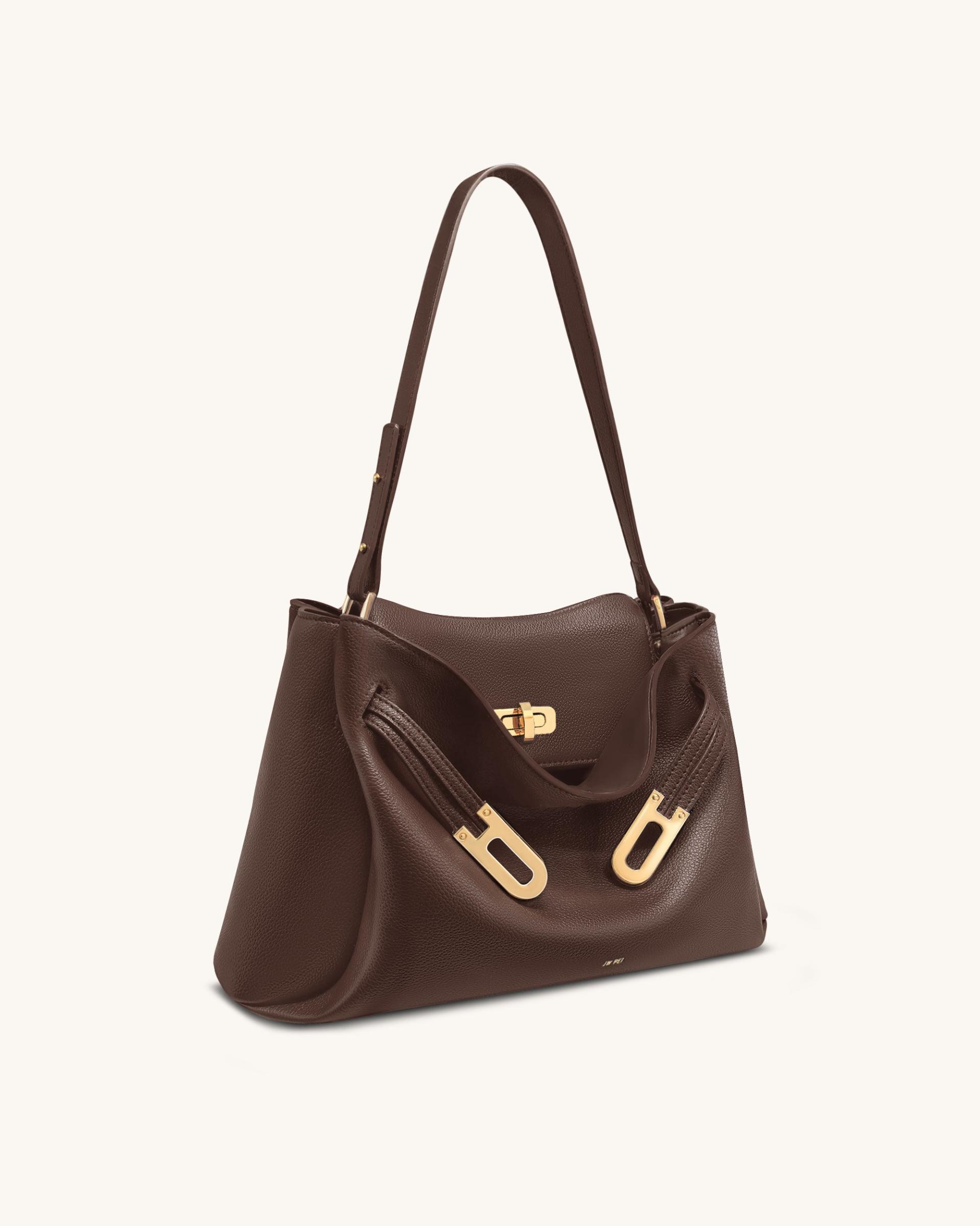 Rhea Pebbled Double Buckle Shoulder Bag - Dark Brown 3