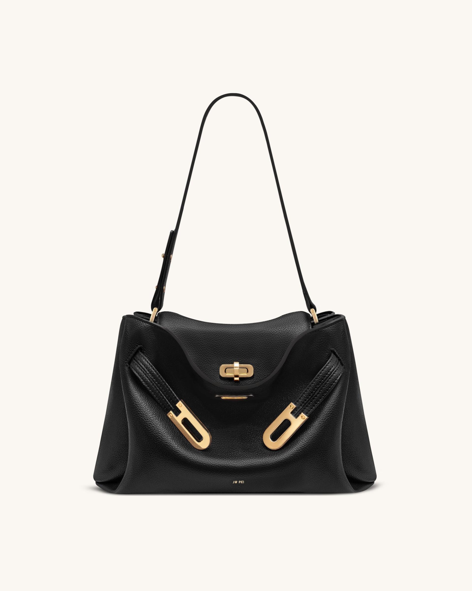 Rhea Pebbled Double Buckle Shoulder Bag - Black