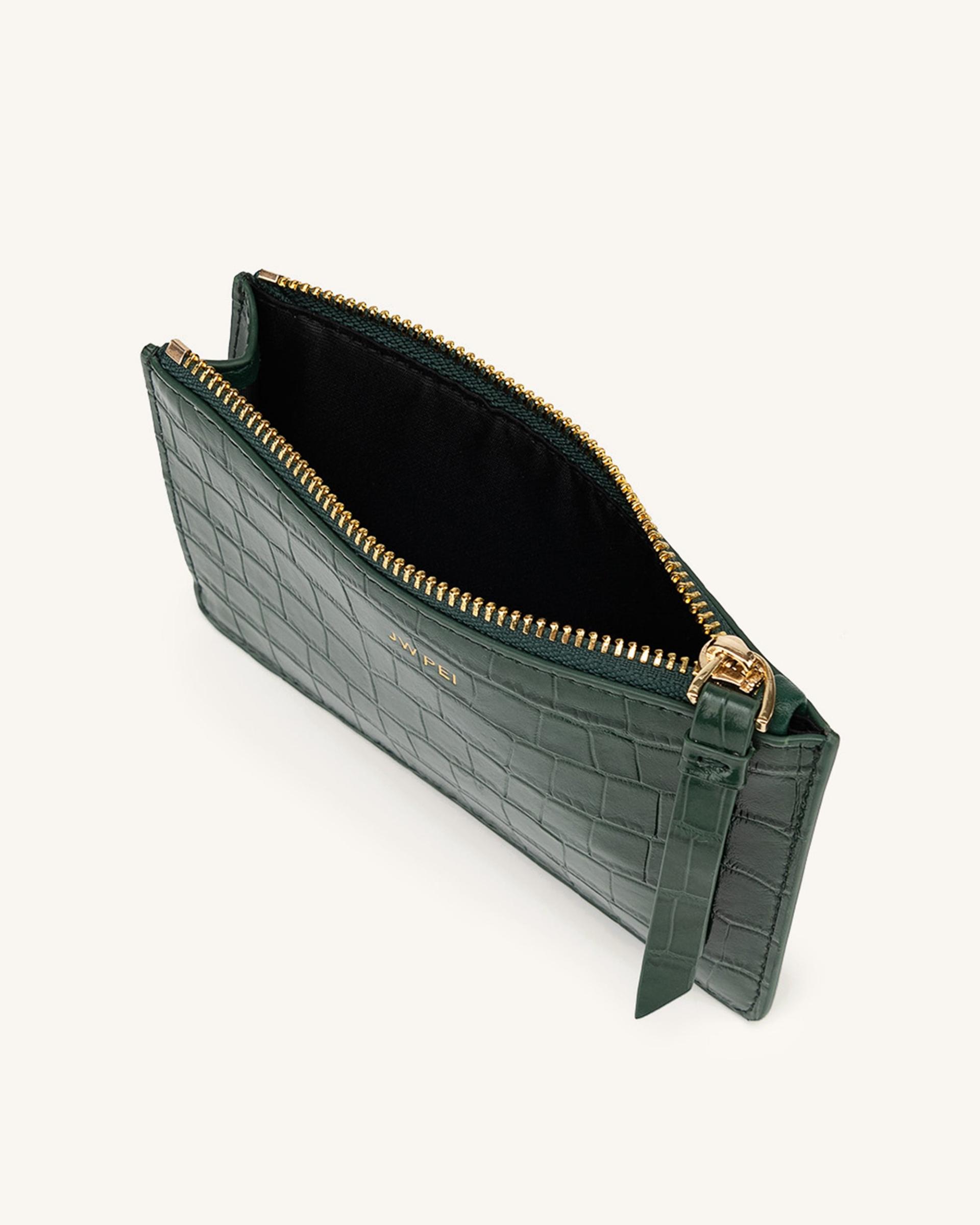 Quinn Zipped Card Holder- Dark Green Croc 2