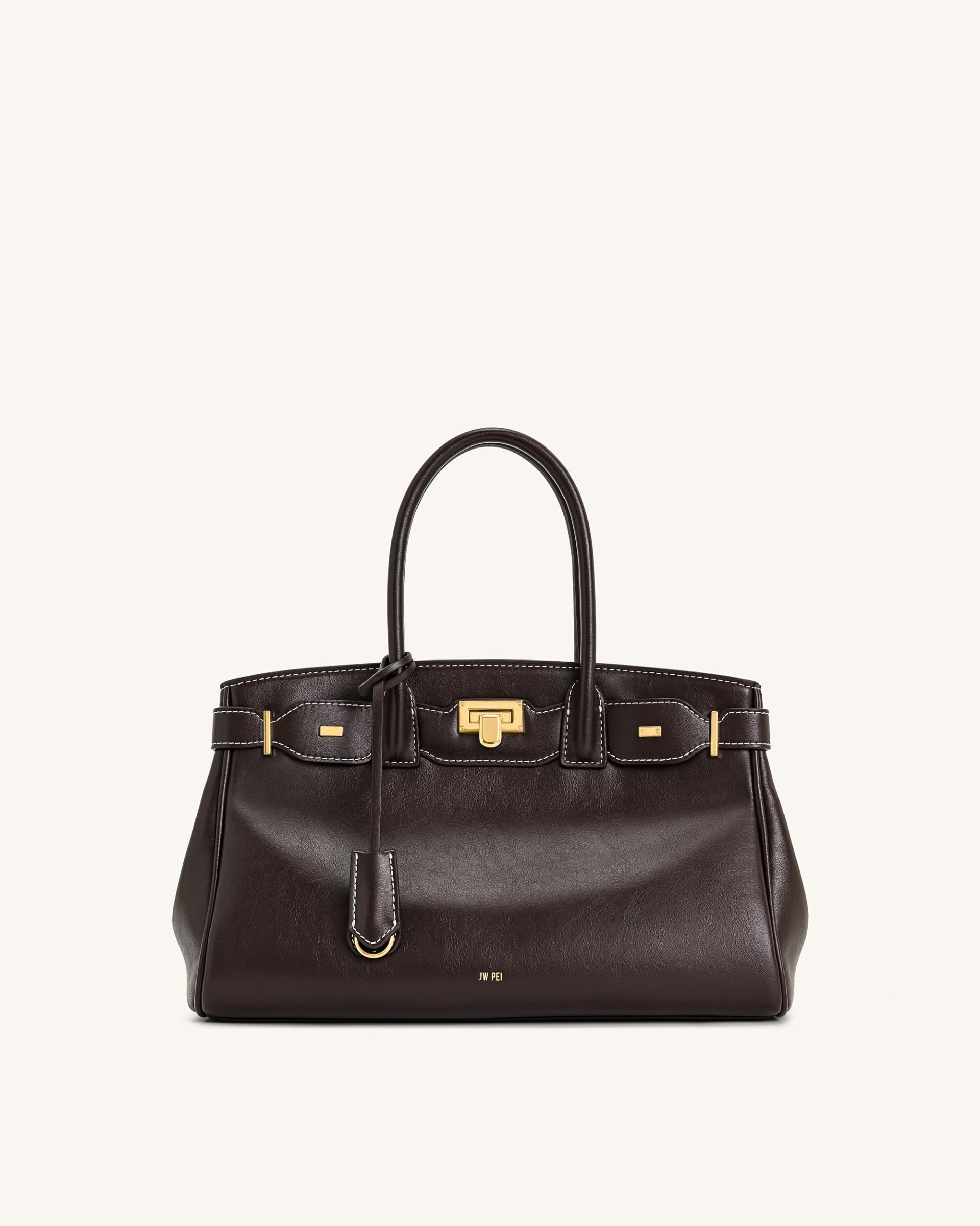 Ziva Metal Lock Decoration Tote Bag - Dark Brown