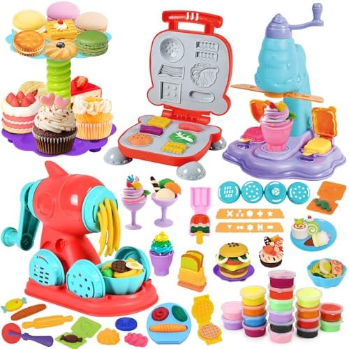 4 in 1 Color Dough Set for Kids 2-4 4-8 Play Kitchen 59Pcs Ice Cream Slime Tools Accessories Kit Playset Noodle Hamburger Maker Food Toy Birthday Gift 3 4 5 6 7 8 Year Old Boys Girls Toys