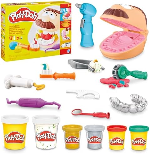 Play-Doh Drill 'n Fill Dentist Toy for Kids 3 Years and Up with Cavity and Metallic Colored Modeling Compound, 10 Tools, 6 Total Cans, 2 Ounces Each, Non-Toxic, Assorted Colors