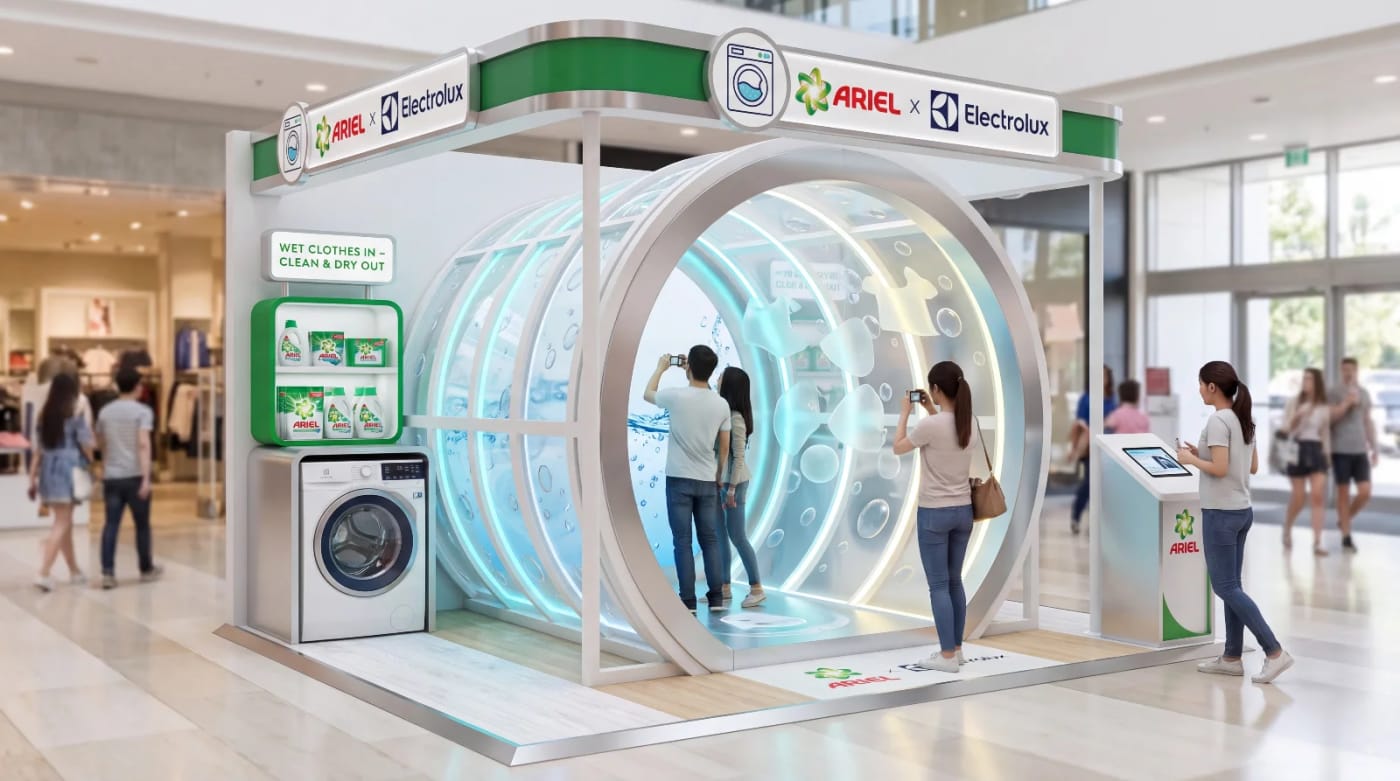 Case Study Ariel x Electrolux: “Áo Ướt Bay Vào – Khô Ráo Bay Ra” | Từ Idea Bay Đến Booth Thực Tế