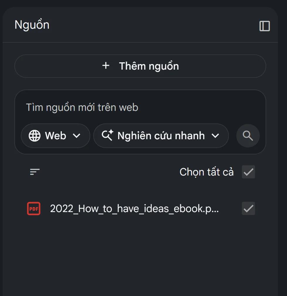 Nạp tài liệu How to Have Ideas vào NotebookLM