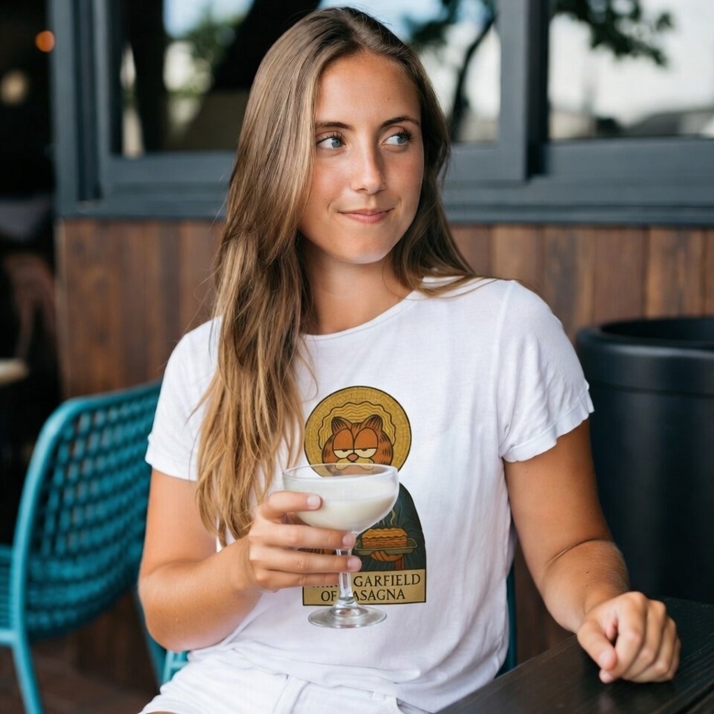 Chiara wearing Saint Garfield Tee