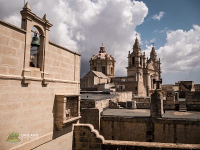 View across Mdina’s historic limestone rooftops toward cathedral towers and church domes beneath a dramatic cloudy sky.