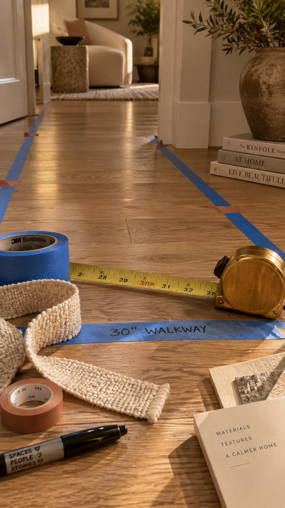 Painter's tape marking a 30-inch walkway on raw oak floor with oatmeal bouclé and terracotta accents
