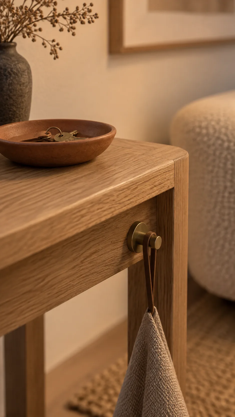 Rounded raw oak console table with brass hook and terracotta dish in warm 2700K light