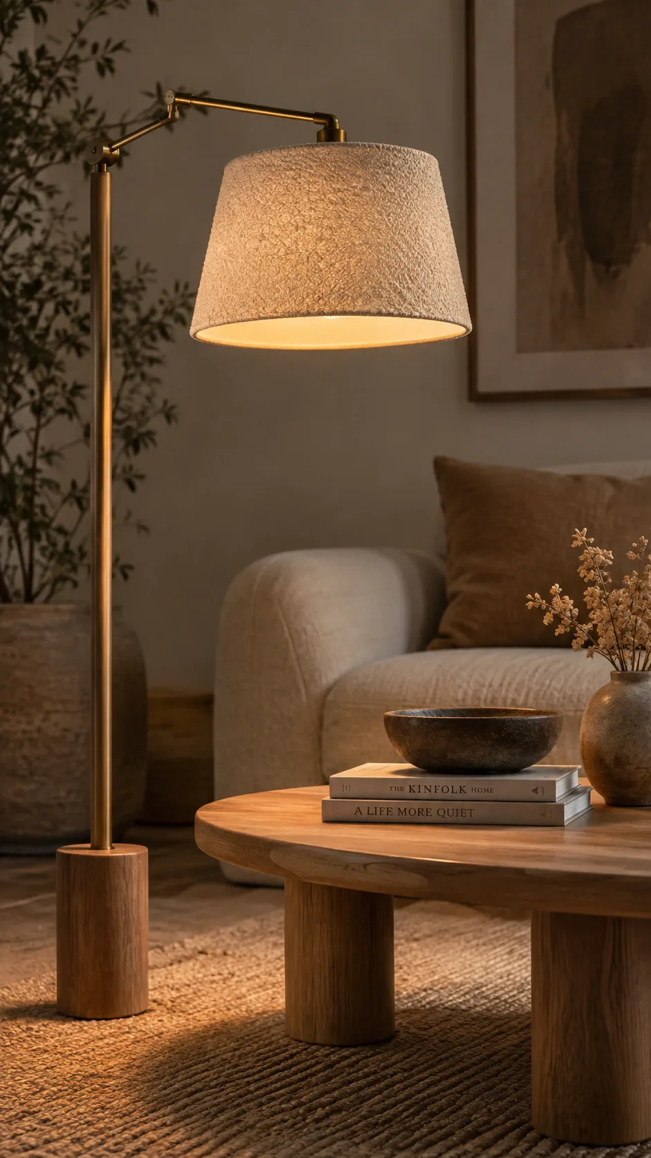 Slim floor lamp with swing arm projecting over a low oak table, oatmeal bouclé shade and warm 2700K glow.