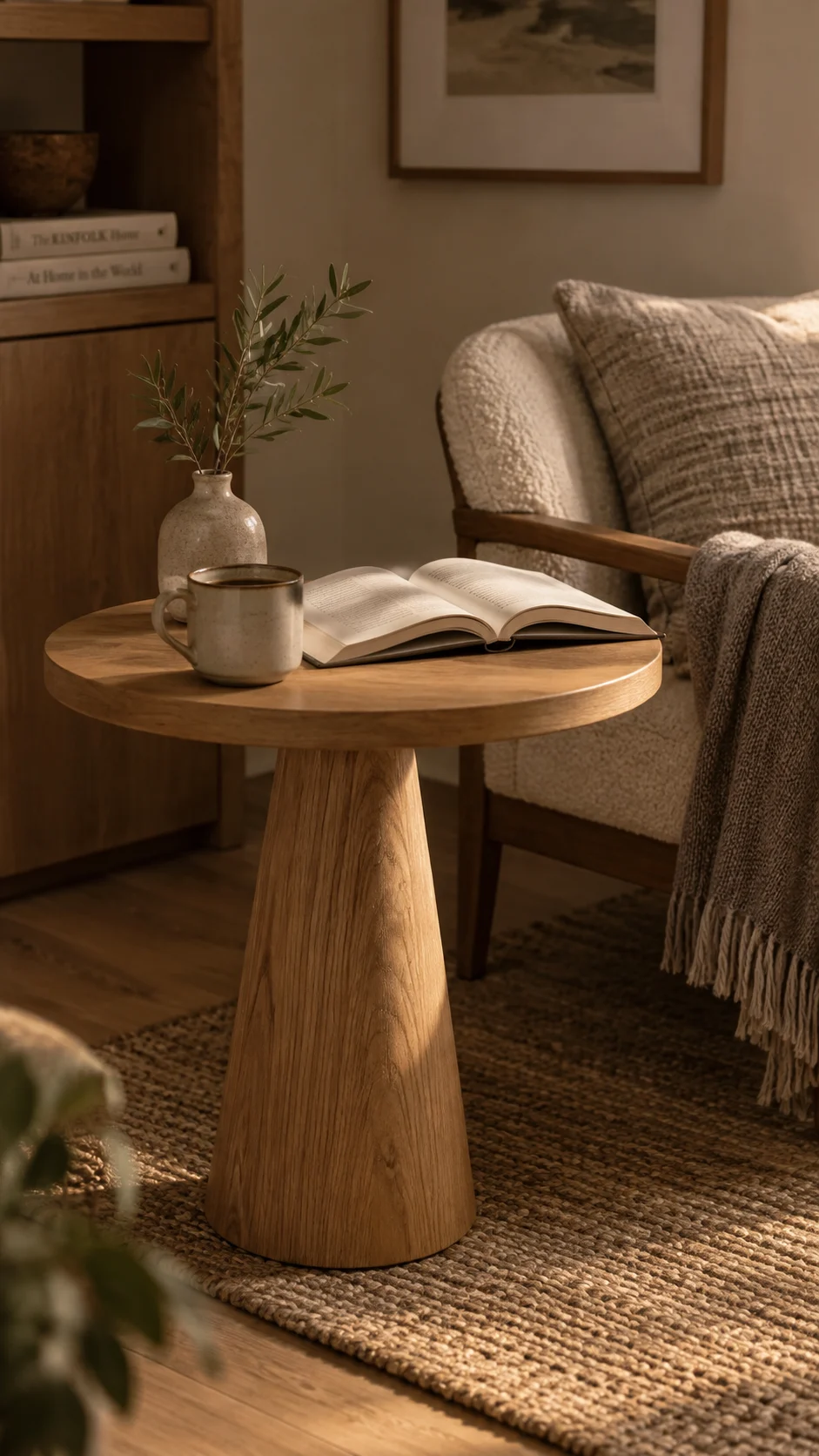 Small solid oak pedestal side table with coffee mug and open book in a reading nook
