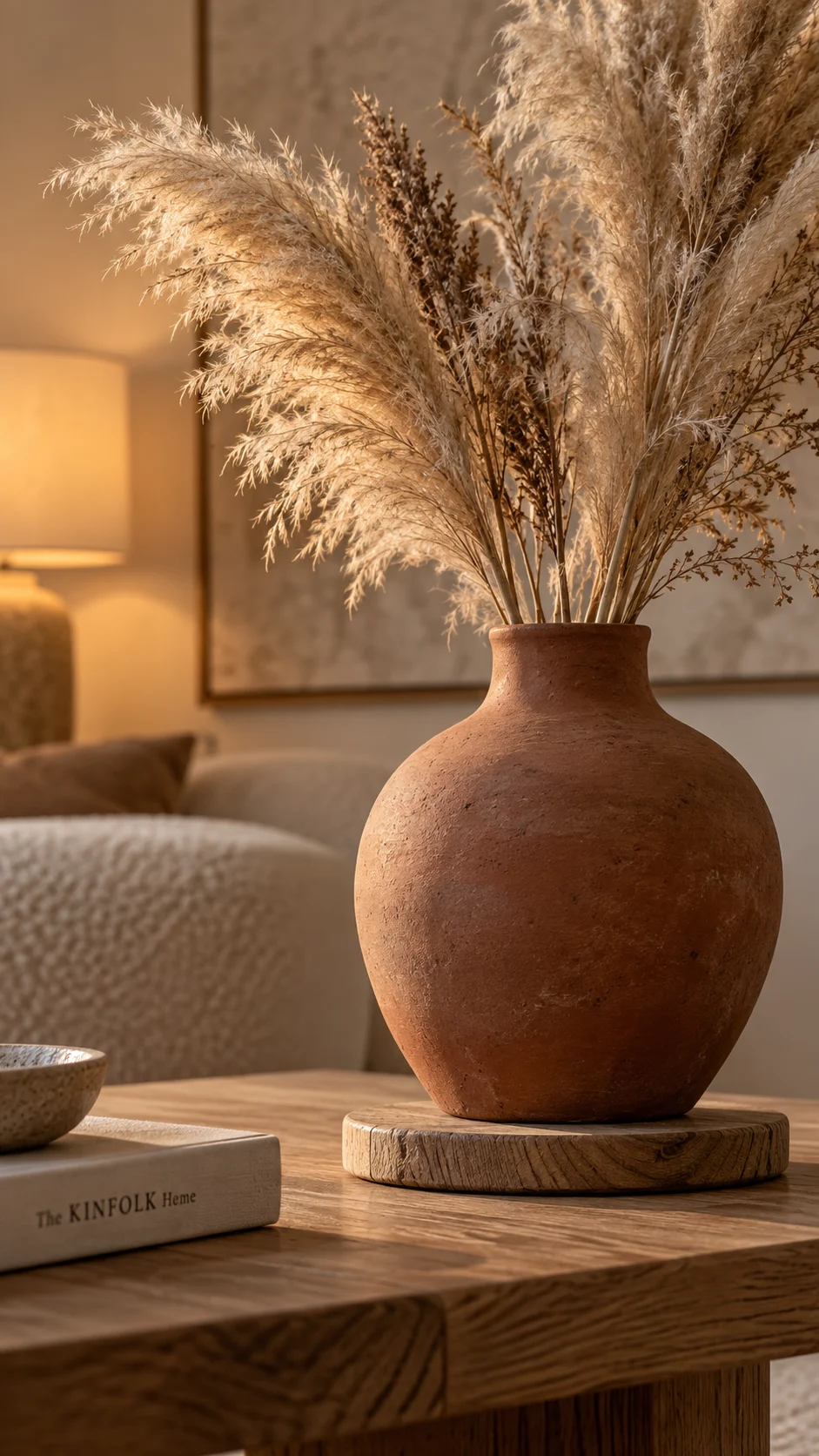 Close-up of terracotta ceramic vase with dried pampas grass on raw oak coaster, warm gentle light on delicate plumes.