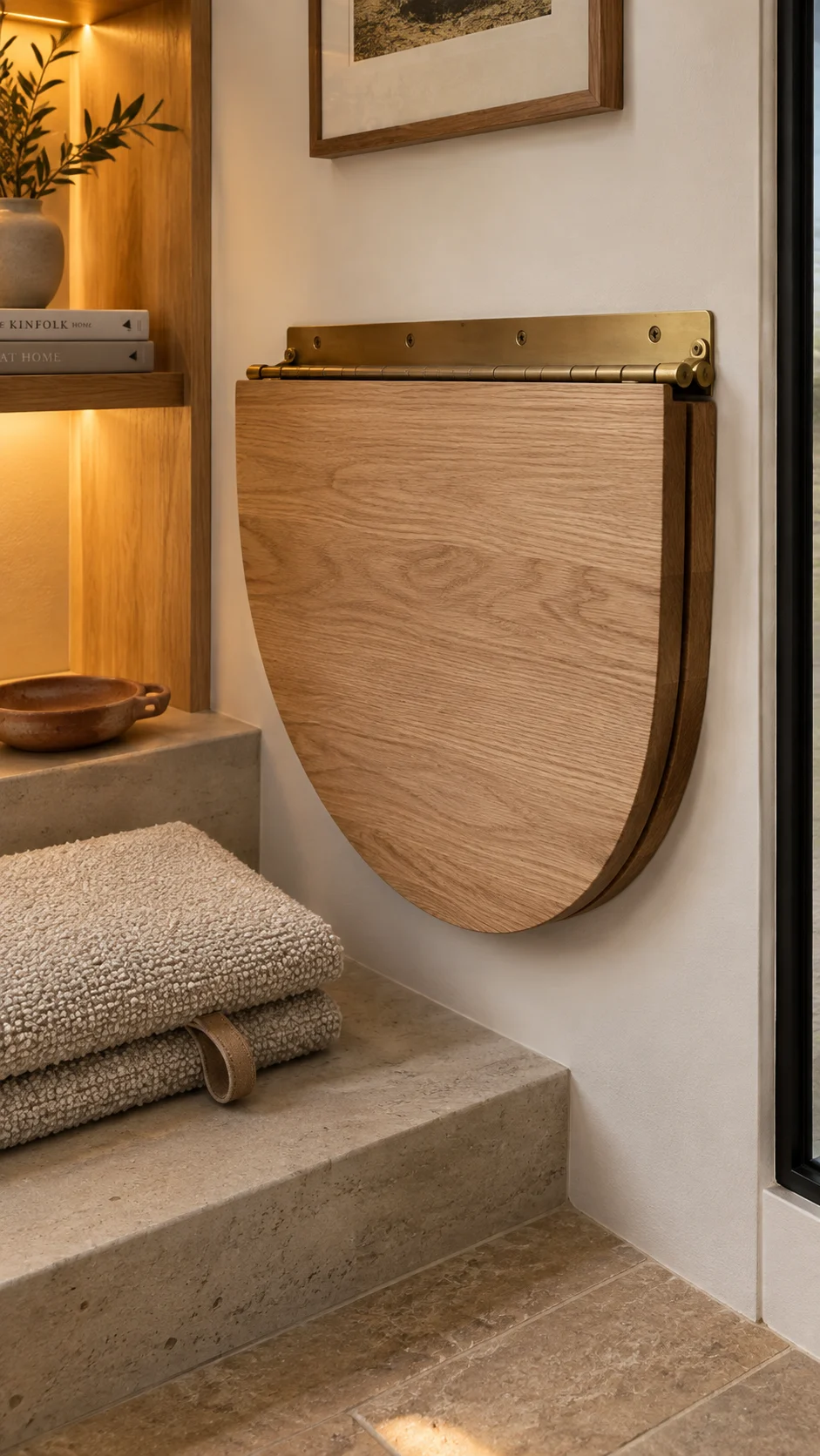 Wall-mounted oak drop-leaf table folds flat, with terracotta dish and bouclé cushion, warm amber glow