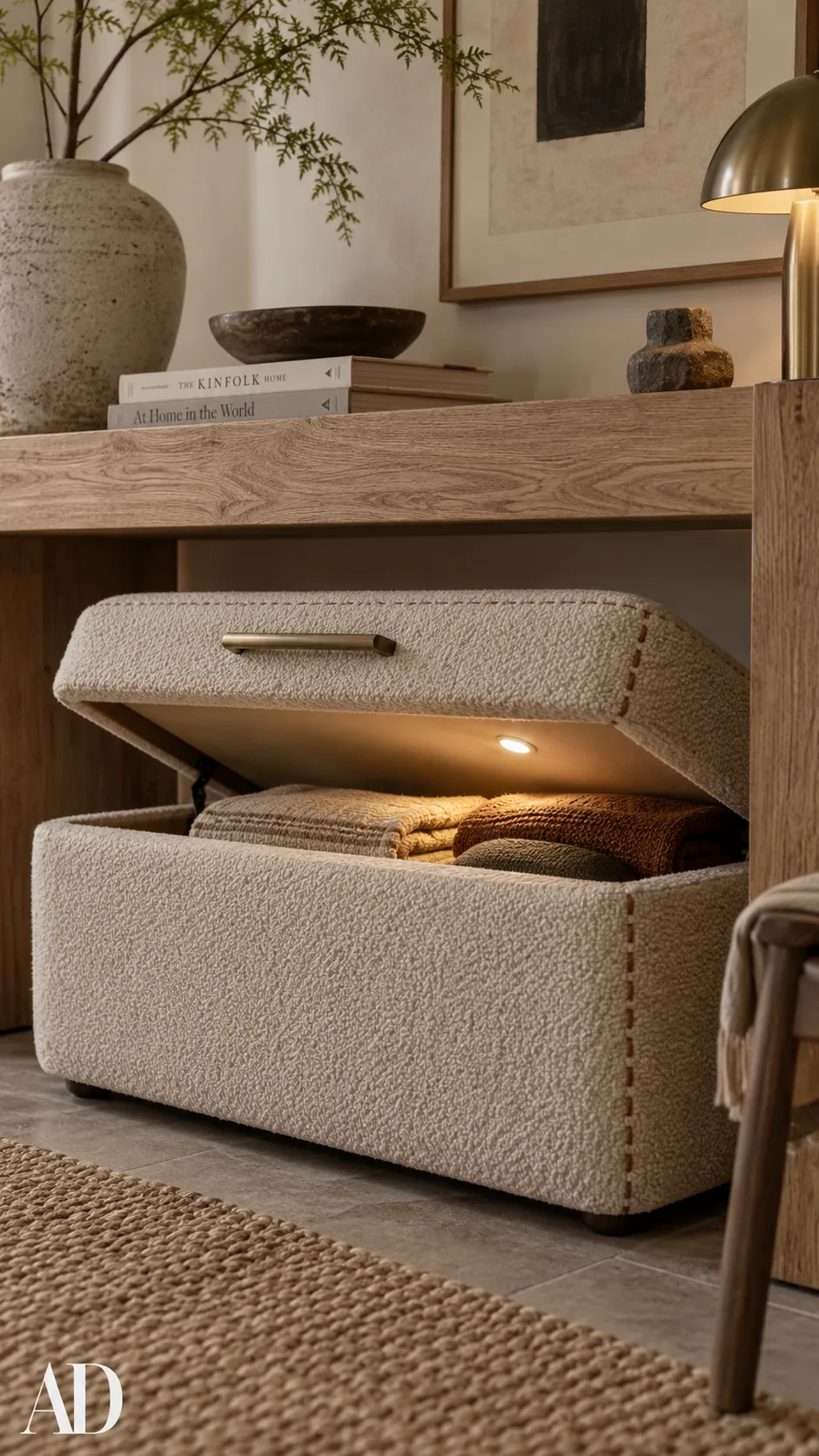 Low-profile oatmeal bouclé storage ottoman under oak table with warm 2700K light inside