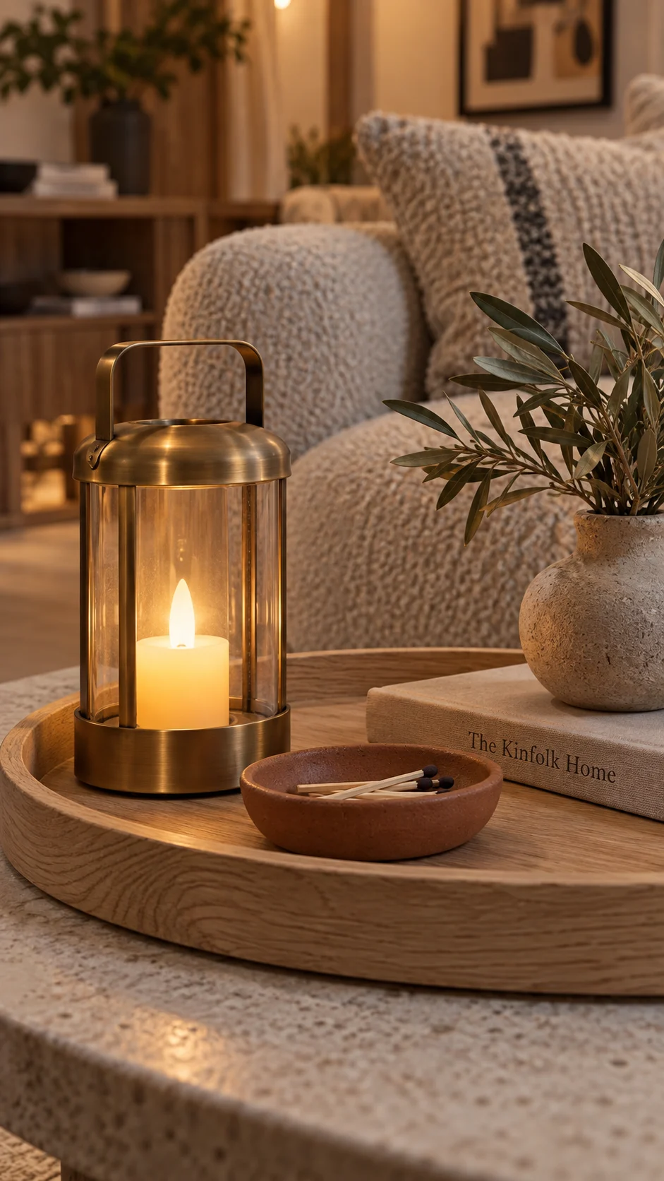 Low-profile raw oak tray with matte brass lantern and warm terracotta catchall on a small living room table