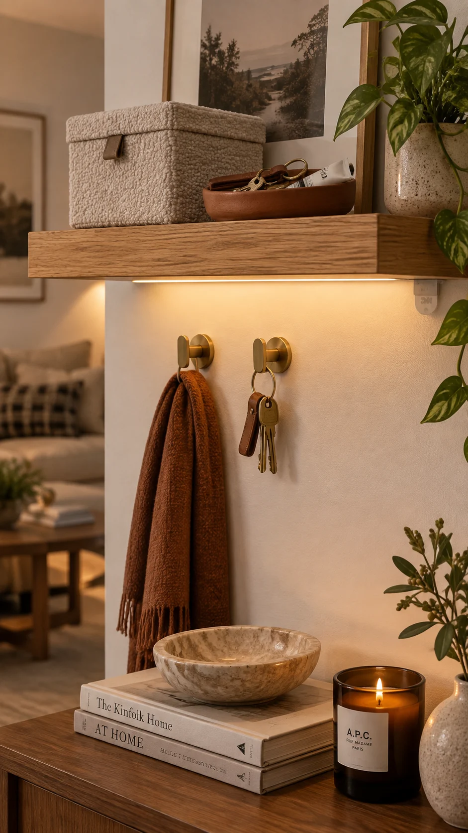 Floating oak shelf above small living room table with bouclé box and terracotta vase, 2700K light.