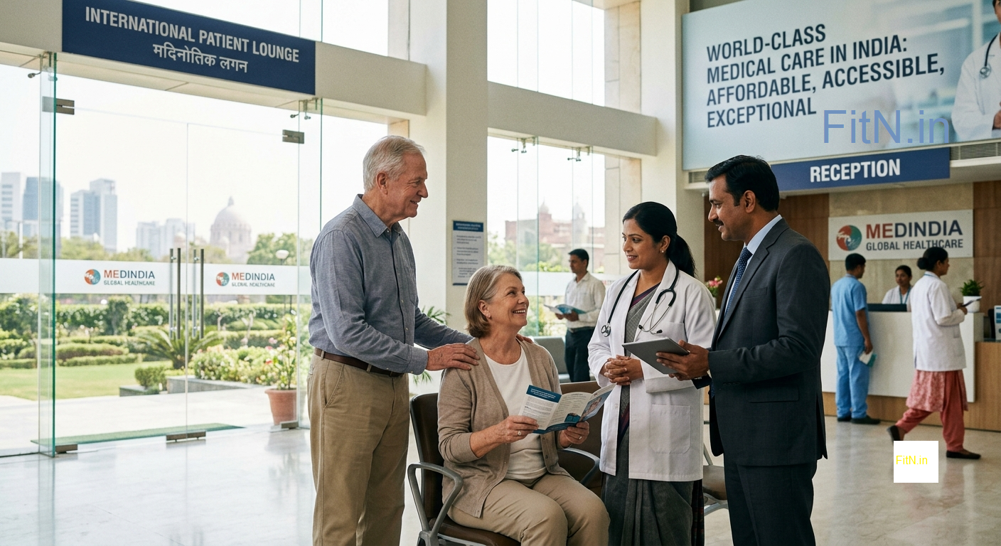 A wheel chair ridden elderly woman discussing treatment plan with Indian doctors.