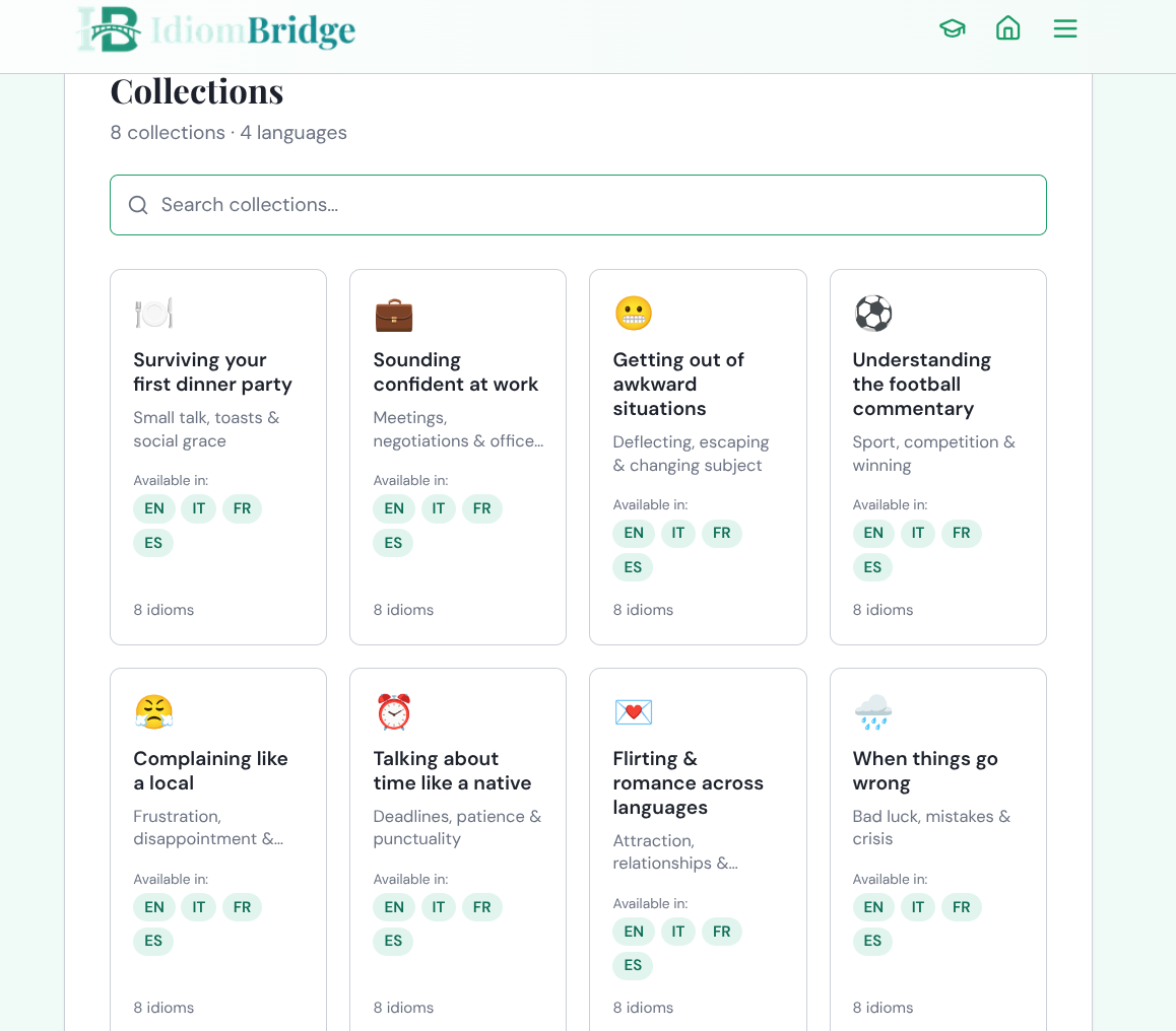 8 curated collections in a grid including Surviving your first dinner party, Sounding confident at work, Getting out of awkward situations