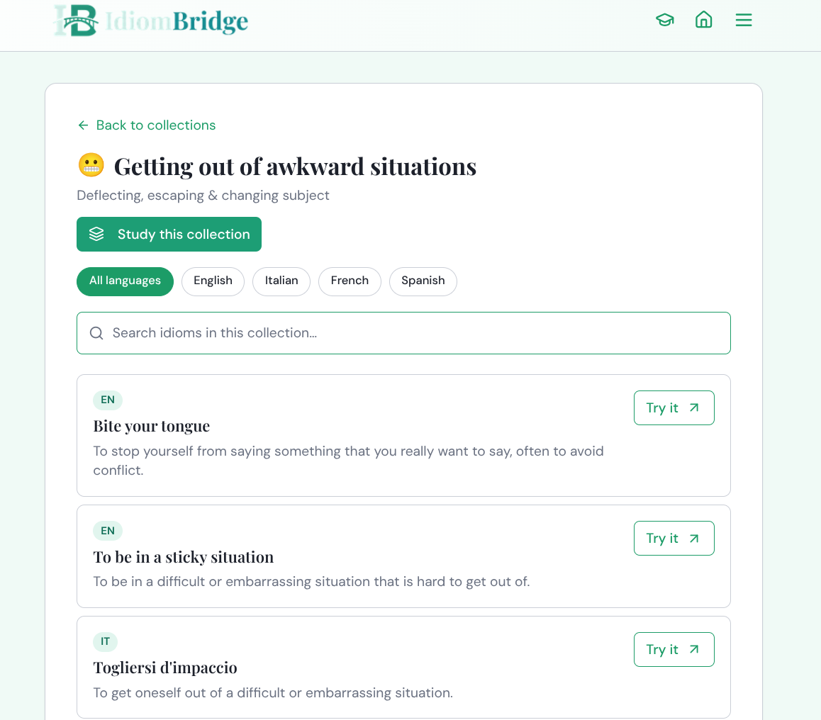 Inside Getting out of awkward situations collection with Study this collection button, language filter, and idiom entries with Try it buttons