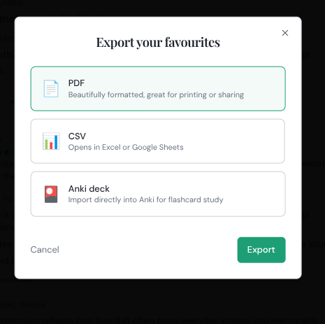 Export modal showing PDF, CSV, and Anki deck options
