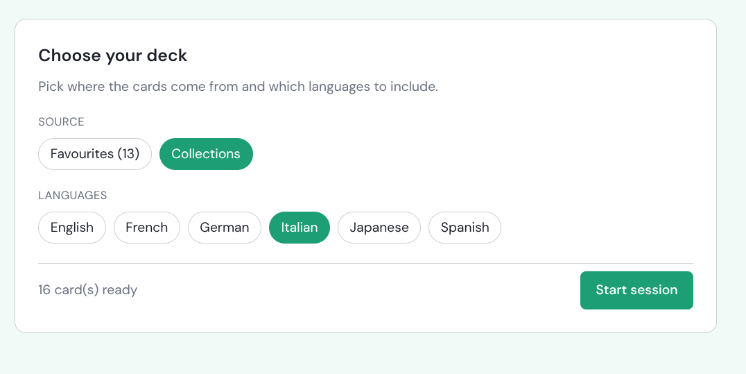 Choose your deck screen with Favourites and Collections source options and language filter