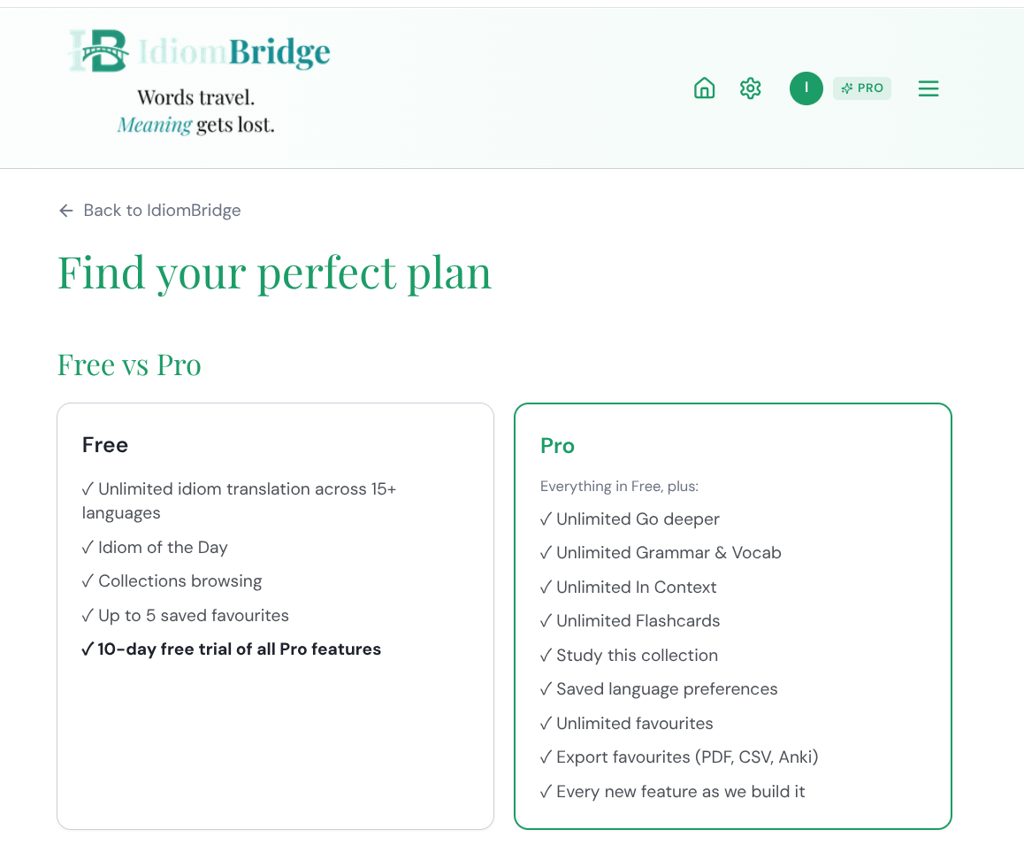 Free vs Pro page showing all features for each plan
