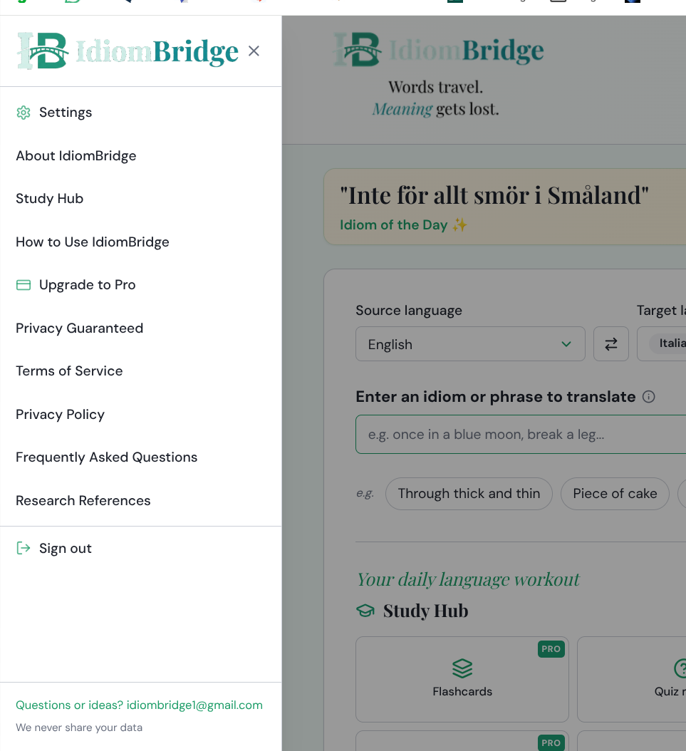 Hamburger menu panel showing Settings, Study Hub, How to Use, Upgrade to Pro, Privacy Guaranteed, FAQ, Research References, Sign out