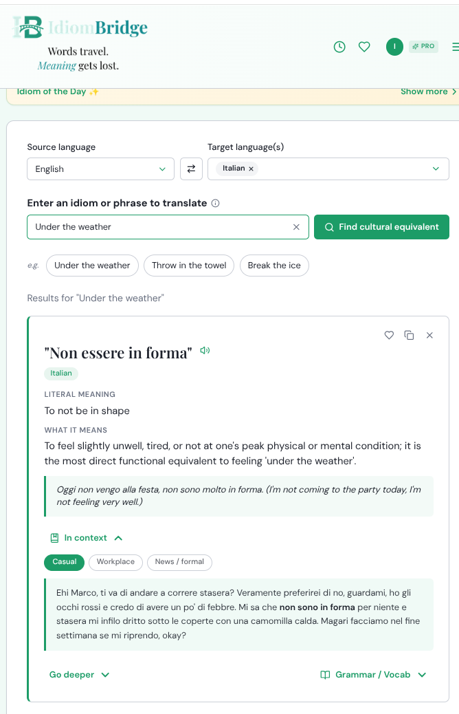 In context Casual tab showing informal Italian sentence to a friend