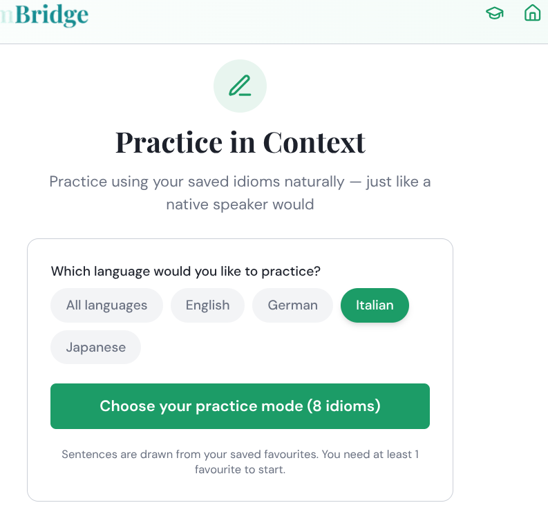 Practice in Context screen with language selector and Choose your practice mode button
