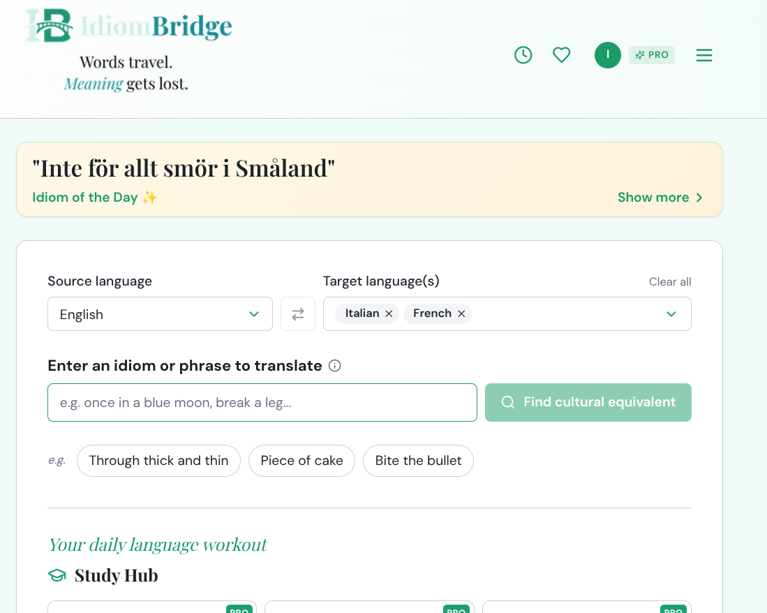 IdiomBridge home screen showing Idiom of the Day, language selectors, search bar and example phrases