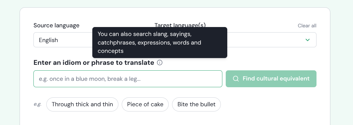 Tooltip showing: You can also search slang, sayings, catchphrases, expressions, words and concepts