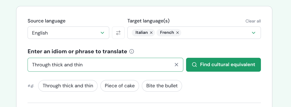 Search bar with Through thick and thin typed, English source, Italian and French targets selected