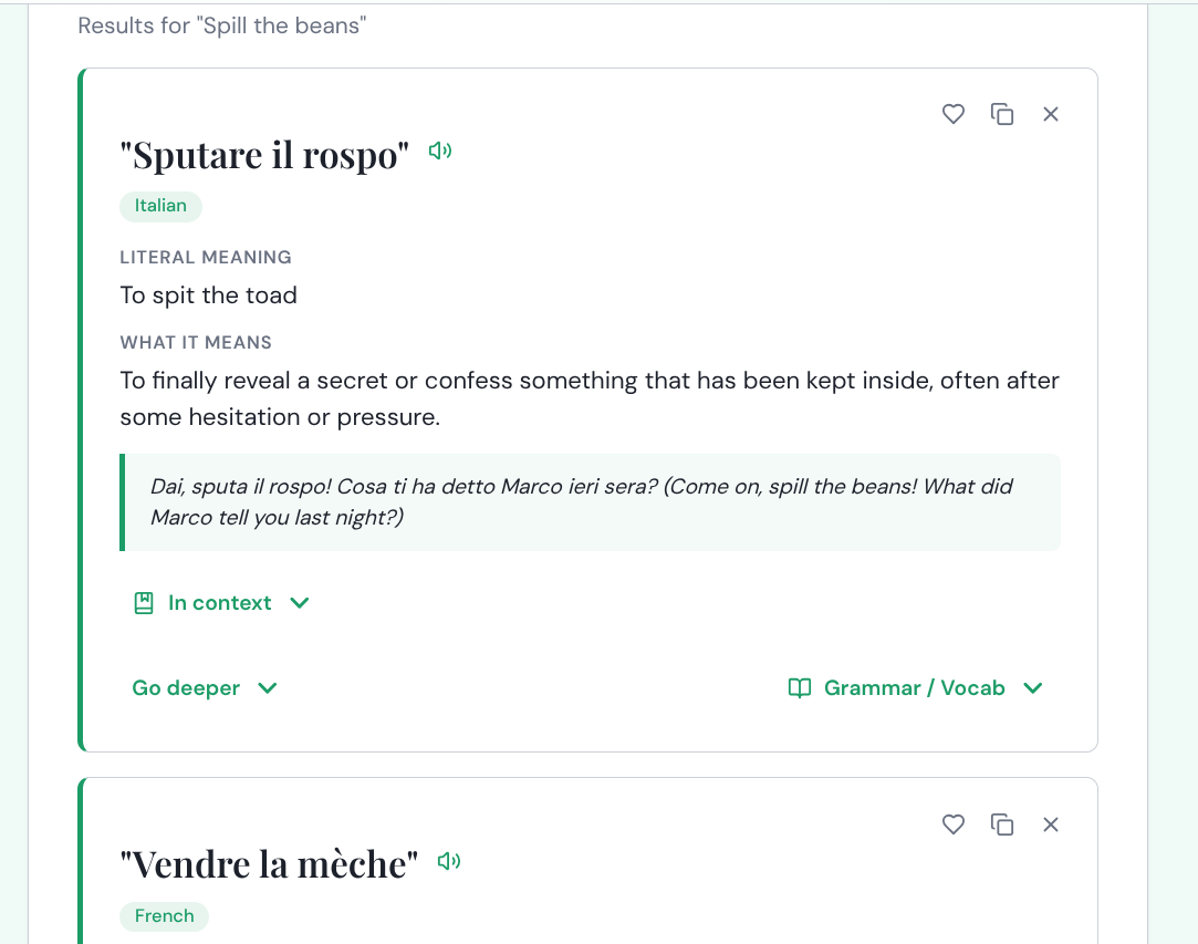 Two result cards for Spill the beans — Sputare il rospo in Italian and Vendre la mèche in French