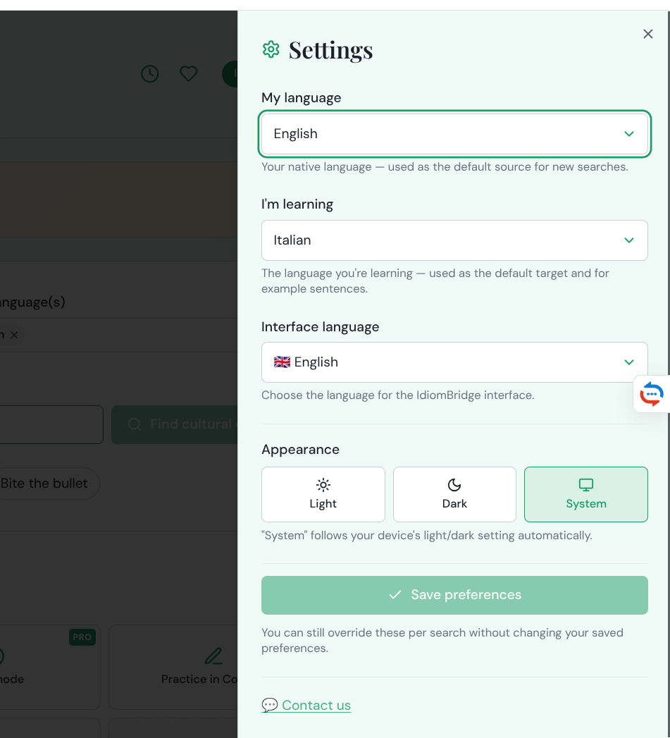 Settings panel showing My language English, I'm learning Italian, Interface language English, Appearance Light/Dark/System options