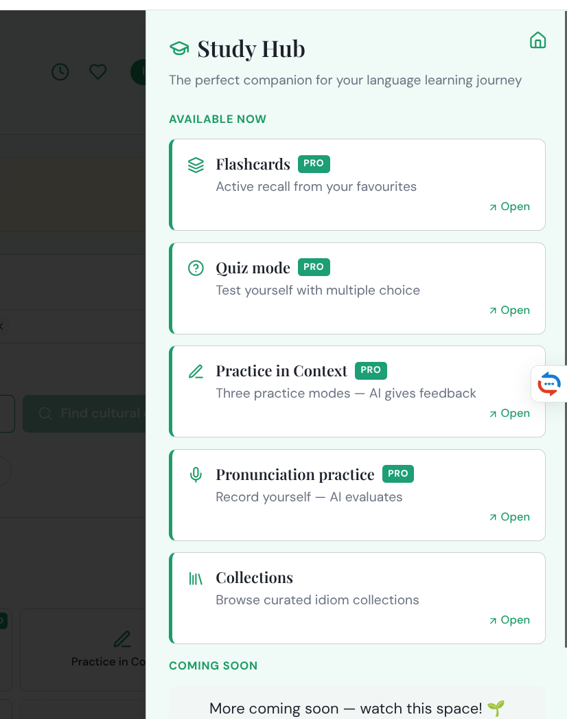Study Hub panel listing all five modes with Coming soon section
