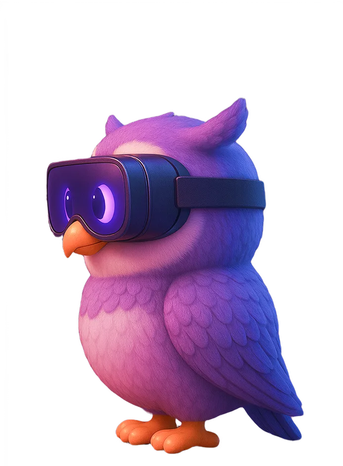 Qatar Education Expo's owl mascot wearing VR goggles to represent exhibitor benefits and technology.