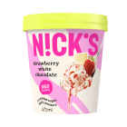 Lody waniliowe z płatkami z białej czekolady i polewą truskawkową bez cukru NICK'S 473ml