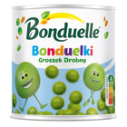 Groszek drobny Bonduelle o przyjemnym smaku, zapakowany w kolorowe opakowanie.