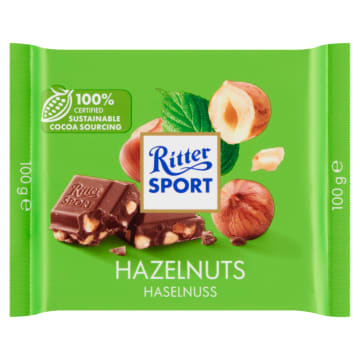 RITTER SPORT Czekolada mleczna z kawałkami prażonych orzechów laskowych