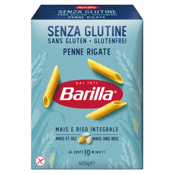 BARILLA Makaron penne rigate (pióra nacinane) bezglutenowe (kukurydziano-ryżowe)