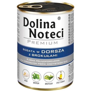 DOLINA NOTECI Premium Mokry pokarm dla dorosłych psów wszystkich ras z dorszem i brokułami puszka