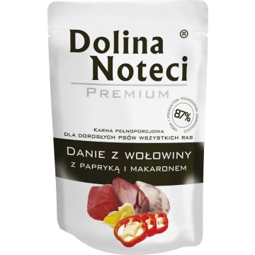 DOLINA NOTECI Premium Mokry pokarm dla dorosłych psów wszystkich ras z wolowiną papryką i makaronem saszetka