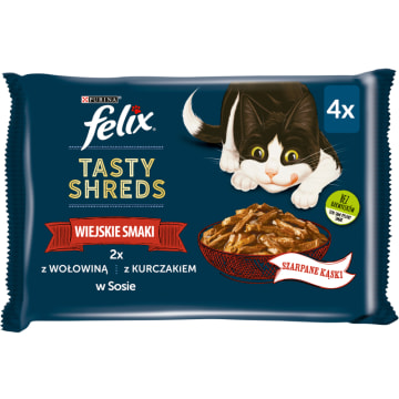 FELIX® Tasty Shreds Karma dla dorosłych kotów wiejskie smaki wołowina i kurczak w sosie (4 x 80 g)