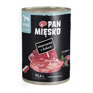 PAN MIĘSKO Mokry pokarm dla dorosłych psów z wieprzowiną i dzikiem puszka