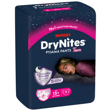 HUGGIES DryNites Pieluchomajtki na noc dla dziewczynek 13+ lat 9 szt.