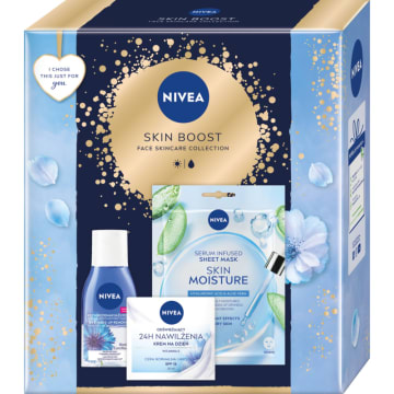 NIVEA Skin Boost Zestaw prezentowy: krem 100ml + płyn do demakijażu 125ml + maska nawilżająca w płachcie 1 szt.