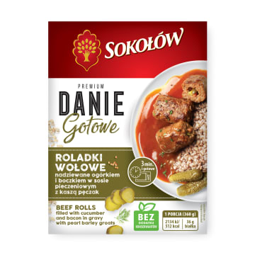 Roladki wołowe nadziewane ogórkiem i boczkiem w sosie pieczeniowym z kaszą pęczak