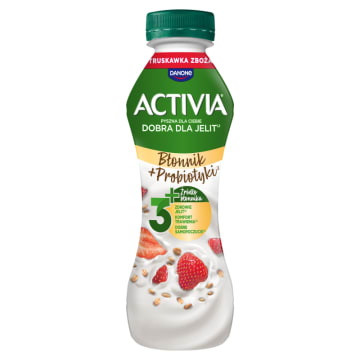 Jogurt o smaku truskawkowym ze zbożami oraz szczepem bakterii ActiRegularis®