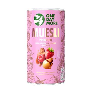ONEDAYMORE Musli Premium z migdałami w karmelowej czekoladzie z liofilizowanymi truskawkami i malinami