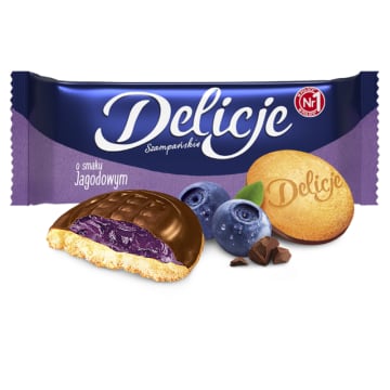 DELICJE SZAMPAŃSKIE Biszkopty z galaretką o smaku jagodowym oblewane czekoladą