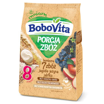 BOBOVITA Porcja Zbóż Kaszka bezmleczna 7 zbóż jagoda-jeżyna jabłko po 8 miesiącu